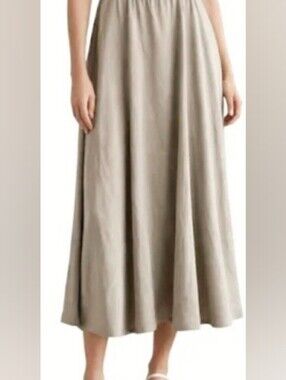 Eileen Fisher Neutral Beige Stretch Silk Midi Skirt. Sz.XL Ink Spot.